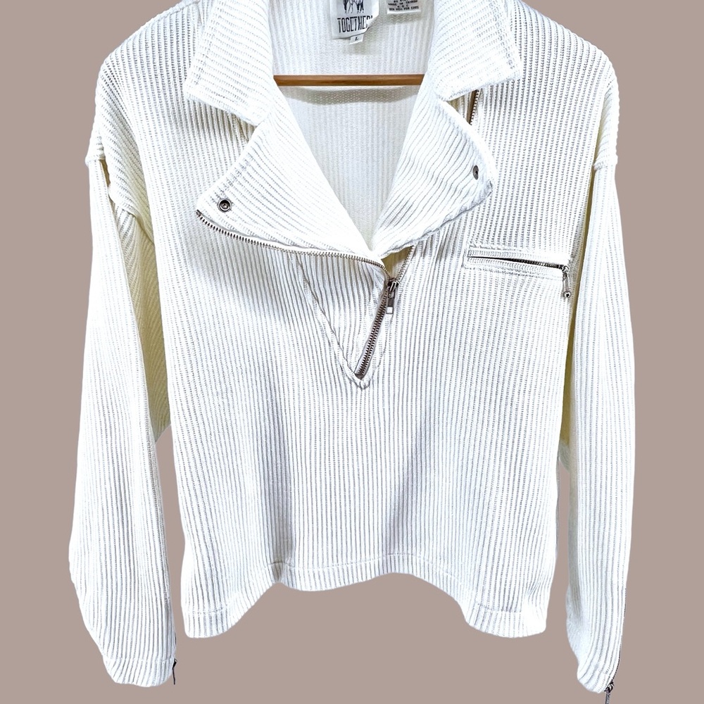 Vintage Together Ribbed Sweater Large Knit White Asymmetrical Zip Collared Moto - Picture 8 of 16